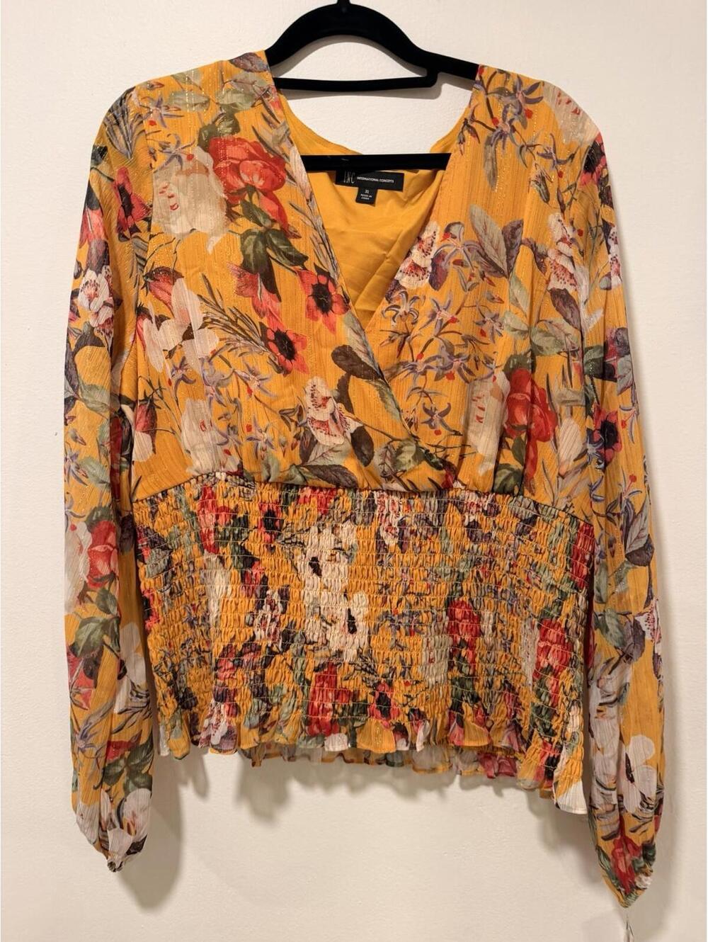 INC International Concepts Yellow Metallic Floral Smocked Long Sleeve Top sz 1X